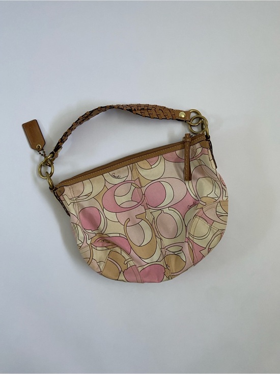 Coach Handbags - Coach Pink & Tan Signature Optic Print with Braided Handle Hobo Purse